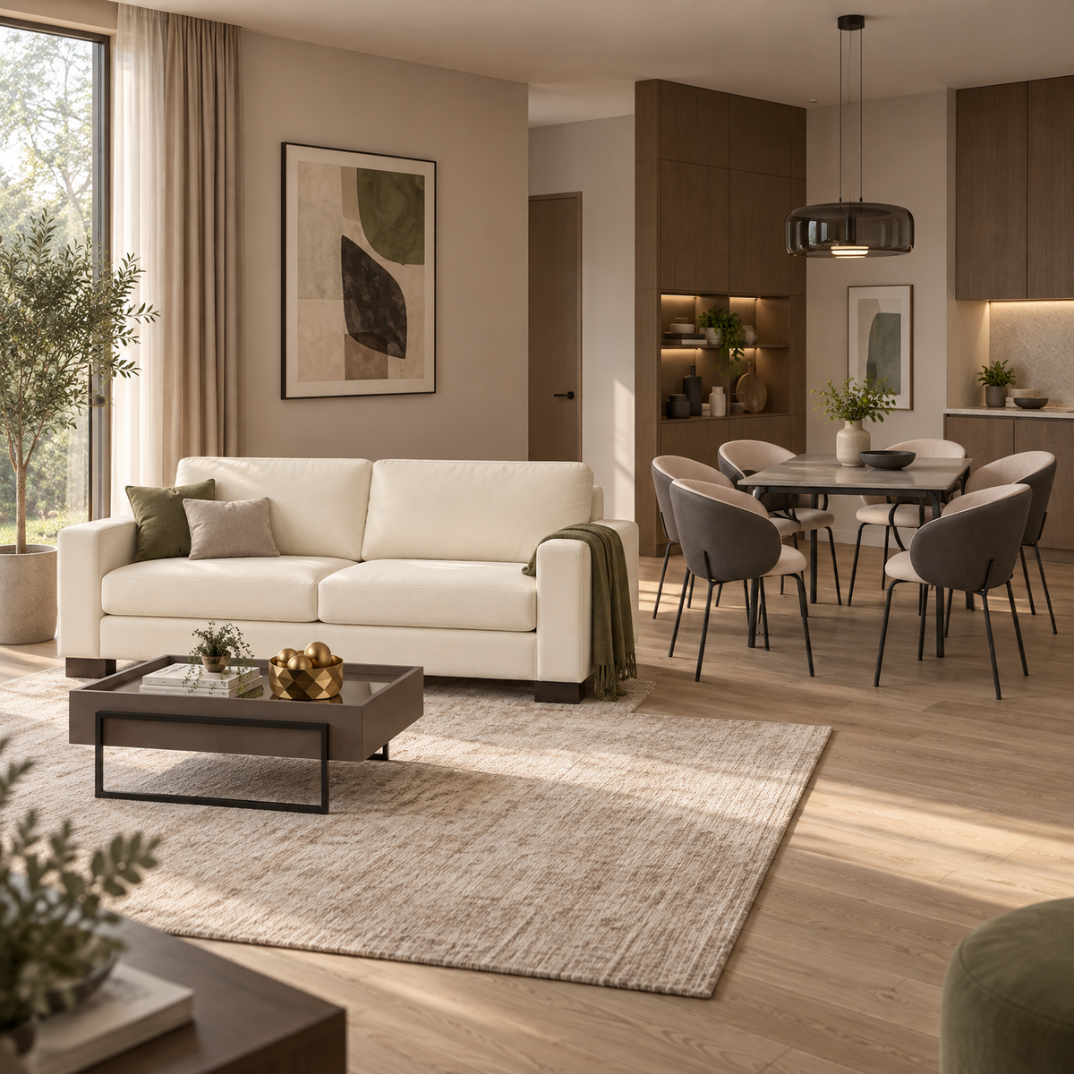 Combo Sofá 3 Puestos Cadiz Lino Beige + Comedor 6 Puestos Plus Velvet Plata, Gris Plomo + Mesa de Centro Loft Gris Plomo, Negro