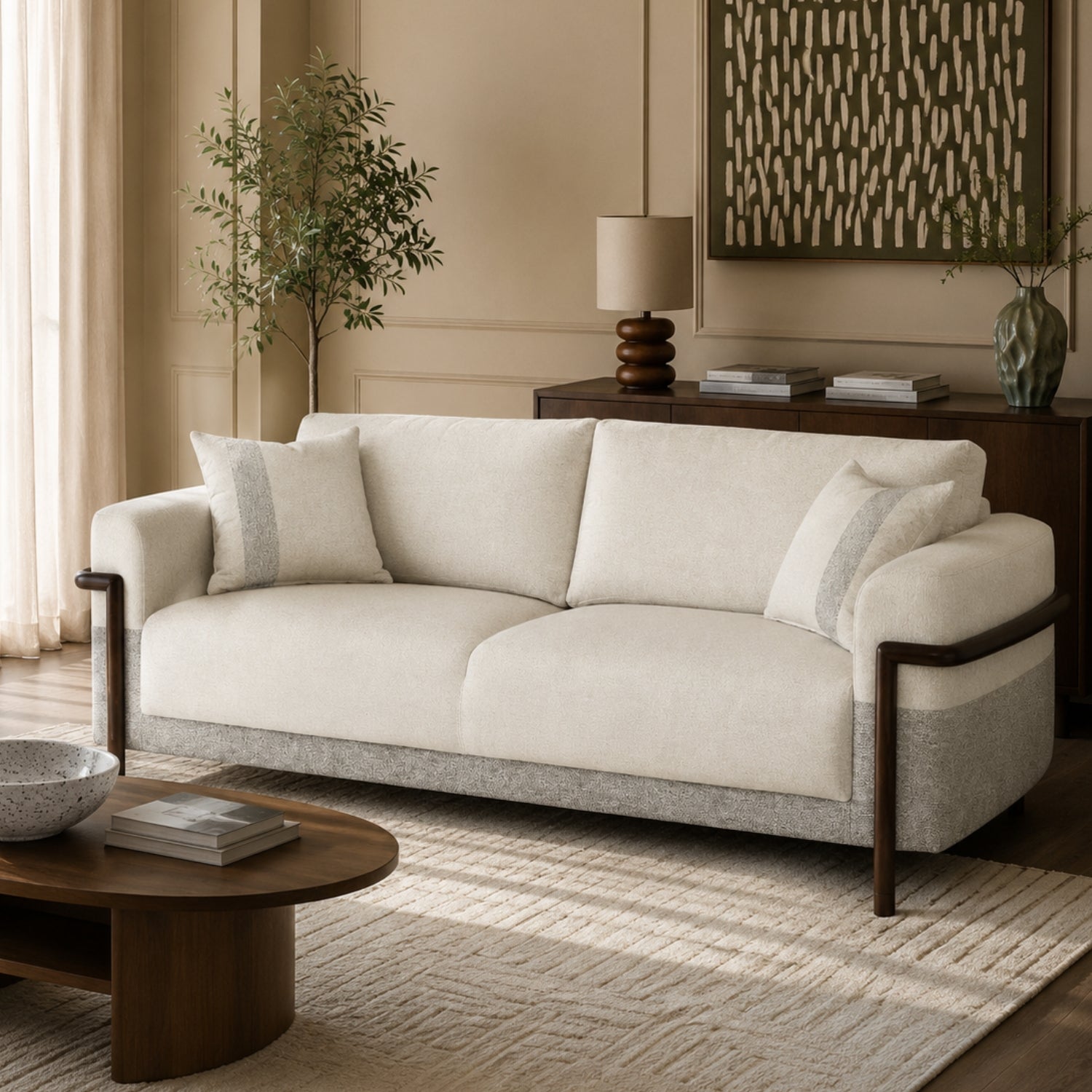 Sofá 3 Puestos Ginebra Lino York Home, Beige, Gris, Natural Oscuro