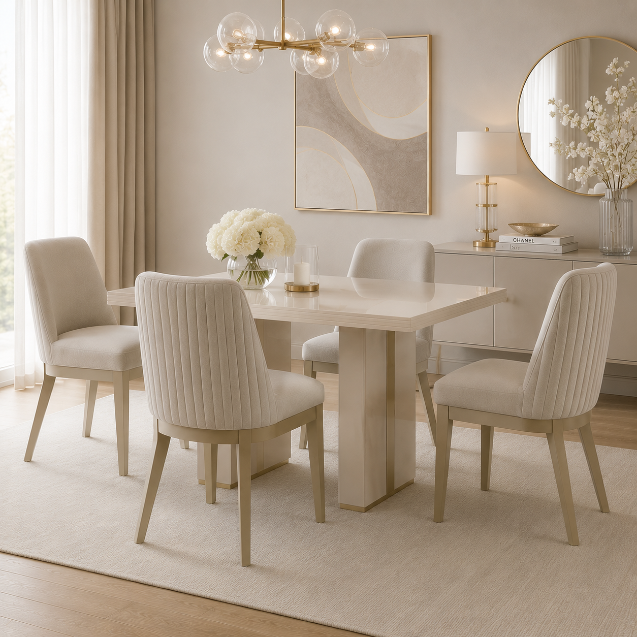 Comedor 4 Puestos Marcus Velvet Siena Avellana, Champaña