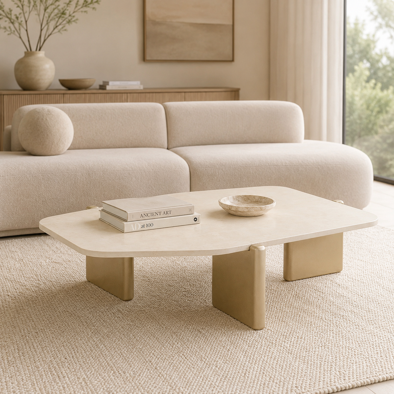Mesa De Centro Oklam Asimetrica Marmolado, Champaña
