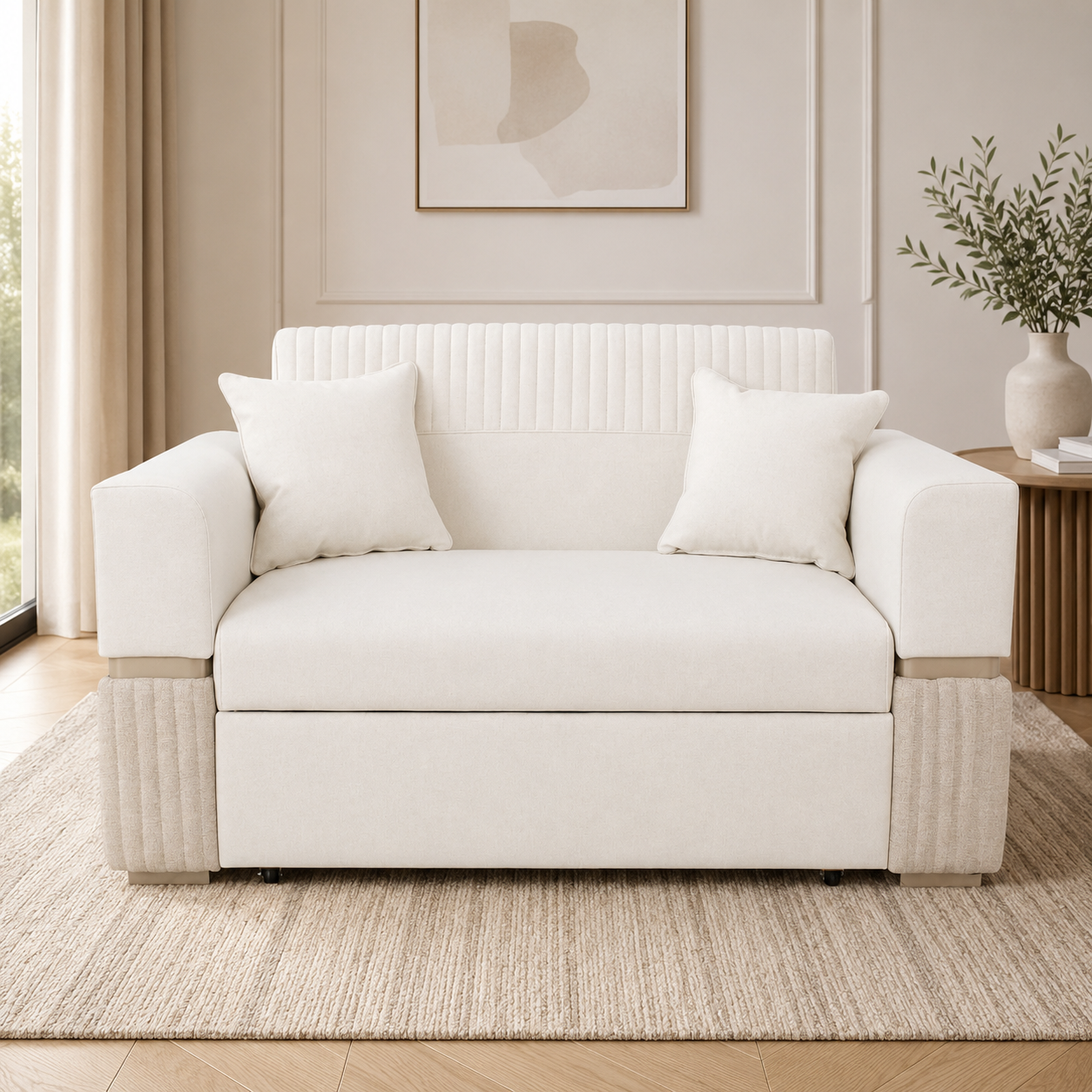 Sofá Cama Dhara Eurolino Blanco, Verona Beige, Champaña