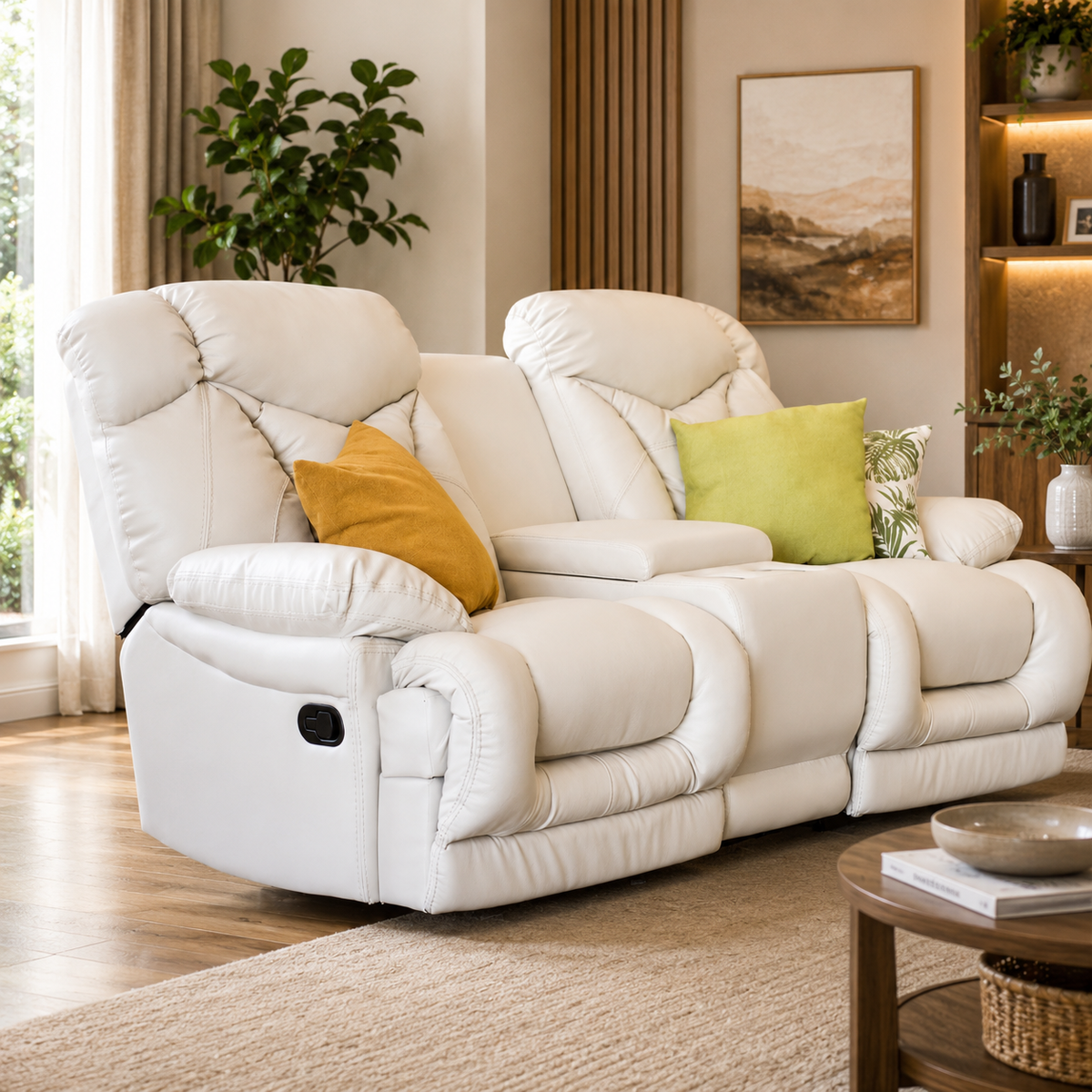 Sofá Reclinable 2 Ptos Lake Eurocuero Light Beige