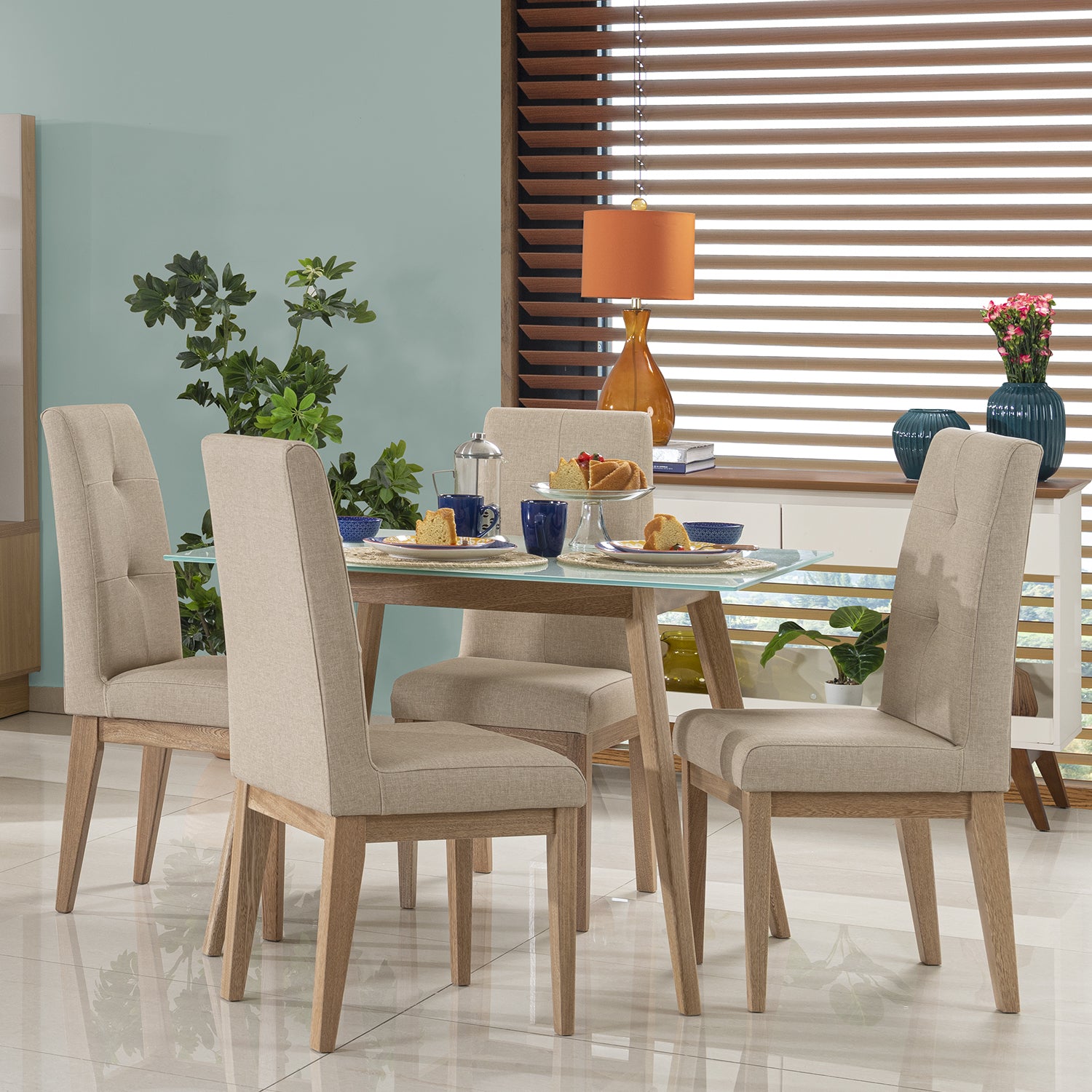 Comedor 4 Ptos Amber Eurolino Marfil, Natural Poliuretano