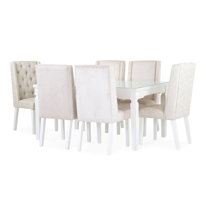 Comedor 6 Ptos Romantic Chenille Beige, Blanco Perla Ultraglass