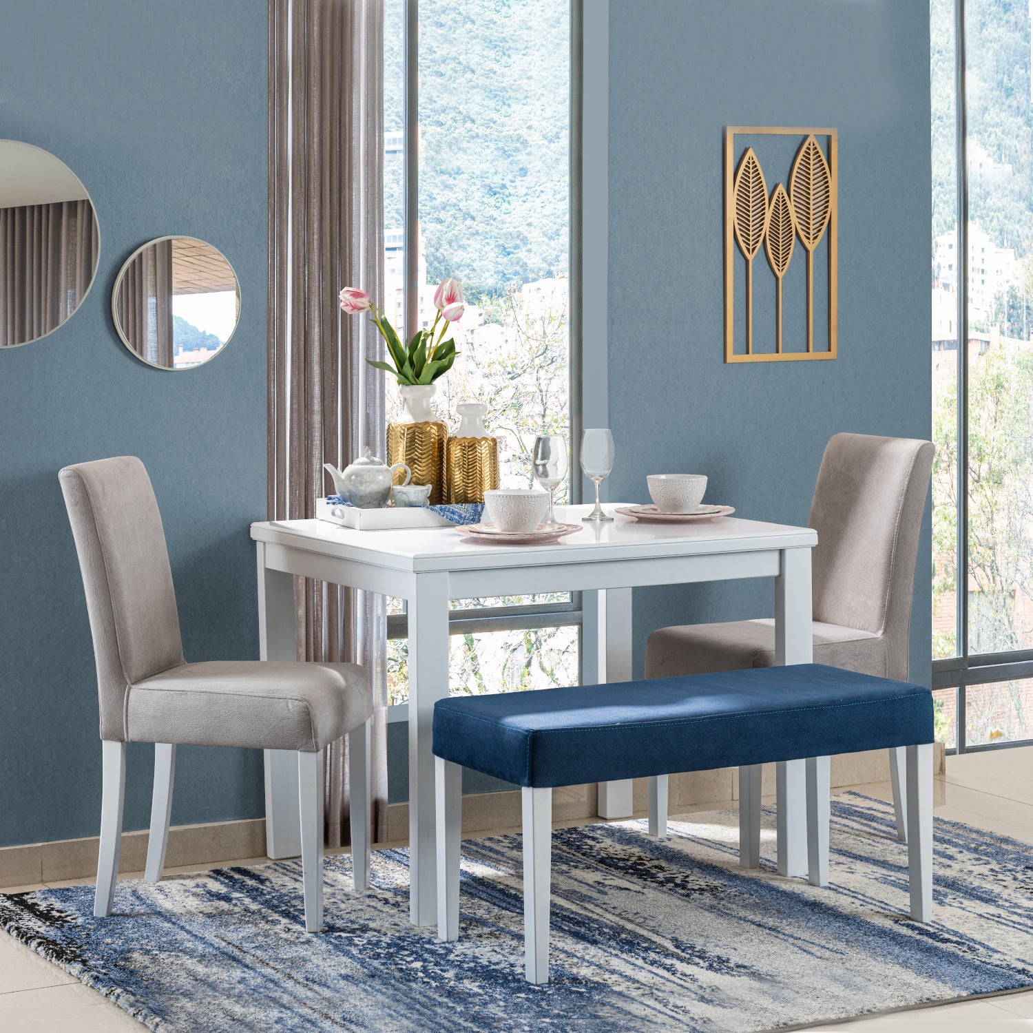 Comedor 4 Puestos Bruce Microfibra Blanco, Gris Poliuretano