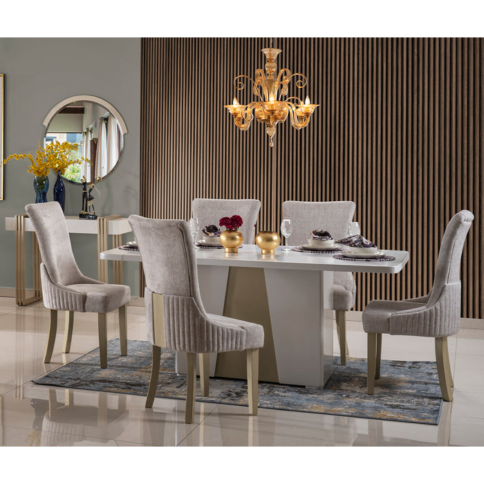 Comedor 6 Ptos Roma Velvet Marmol, Blanco Perla y Champaña