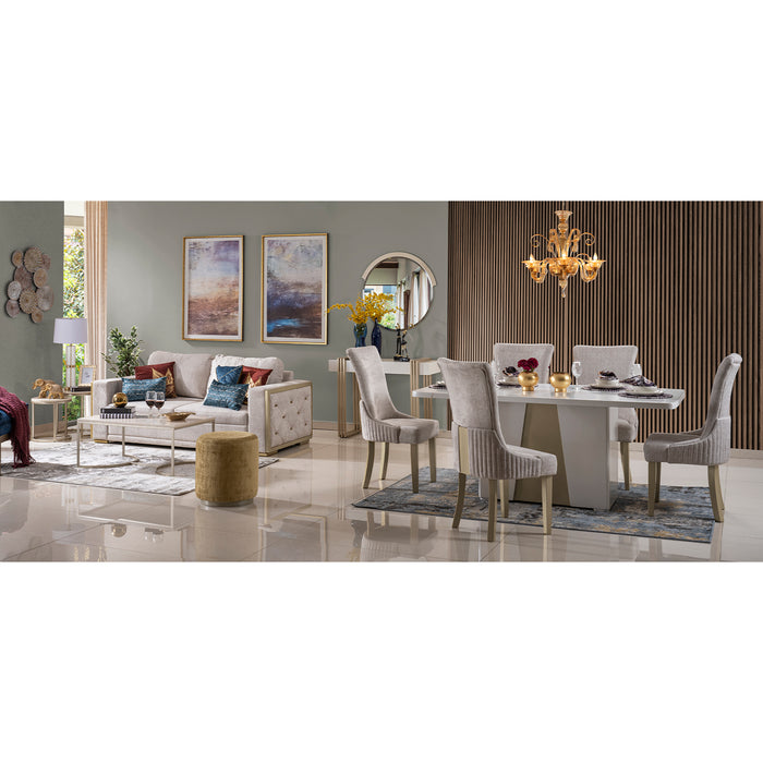 Comedor 6 Ptos Roma Velvet Marmol, Blanco Perla y Champaña