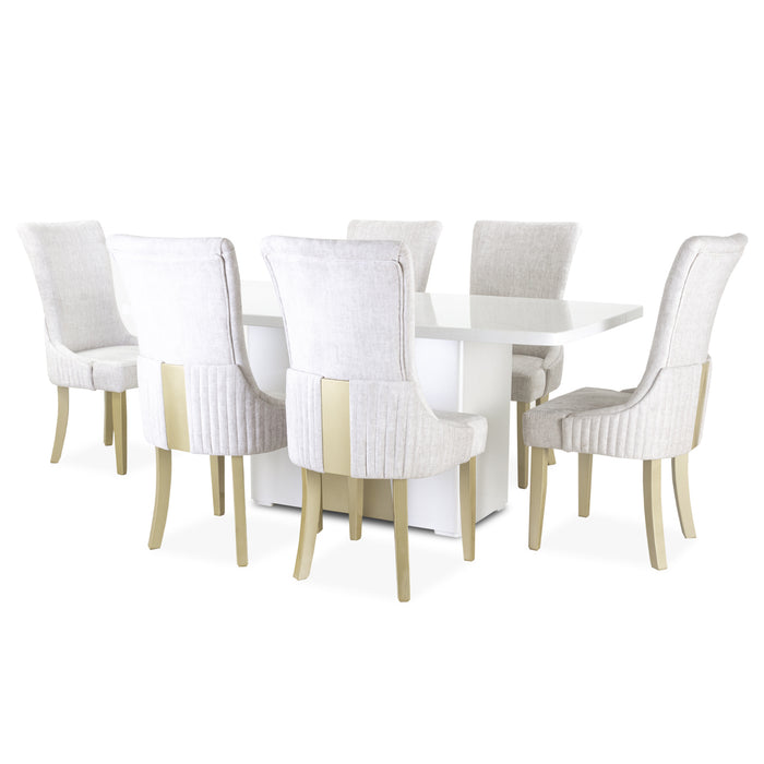 Comedor 6 Ptos Roma Velvet Marmol, Blanco Perla y Champaña