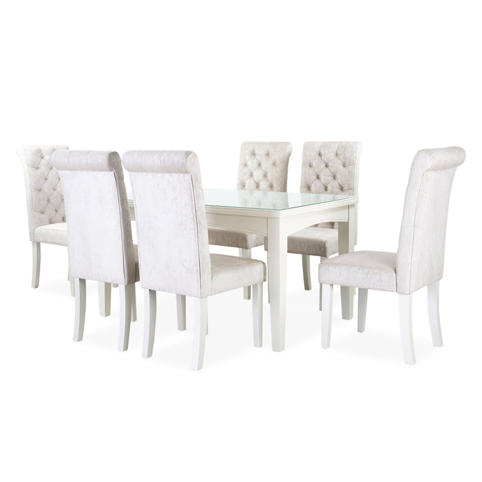 Comedor 6 Ptos Milano Chenille Beige, Blanco Perla